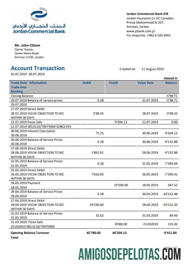 Jordan Commercial extrato bancário amostra